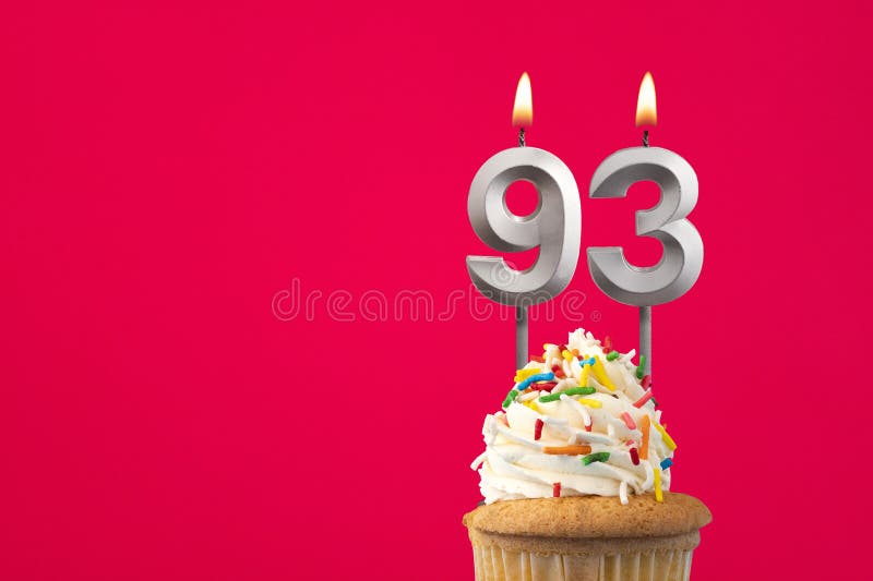 Burning candle number 93 - Birthday card with cake royalty free stock images