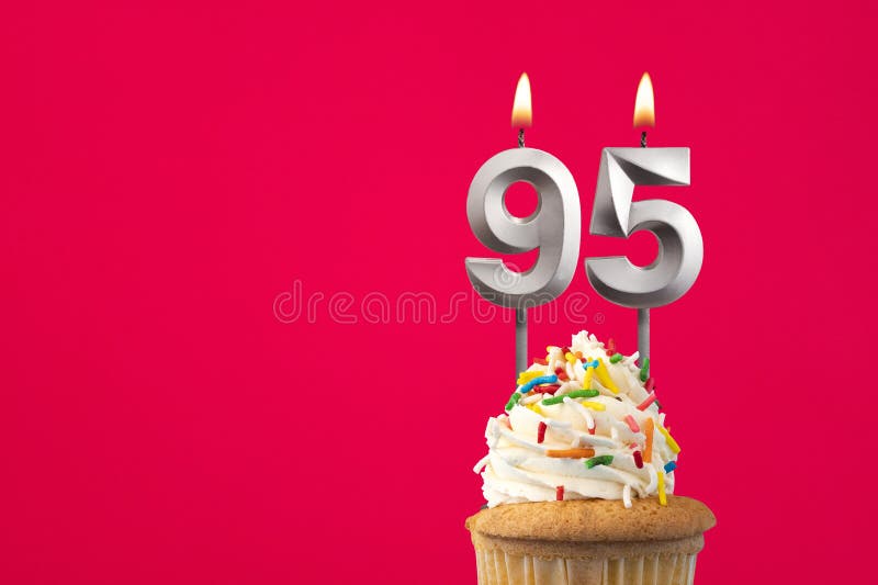 Burning candle number 95 - Birthday card with cake royalty free stock images