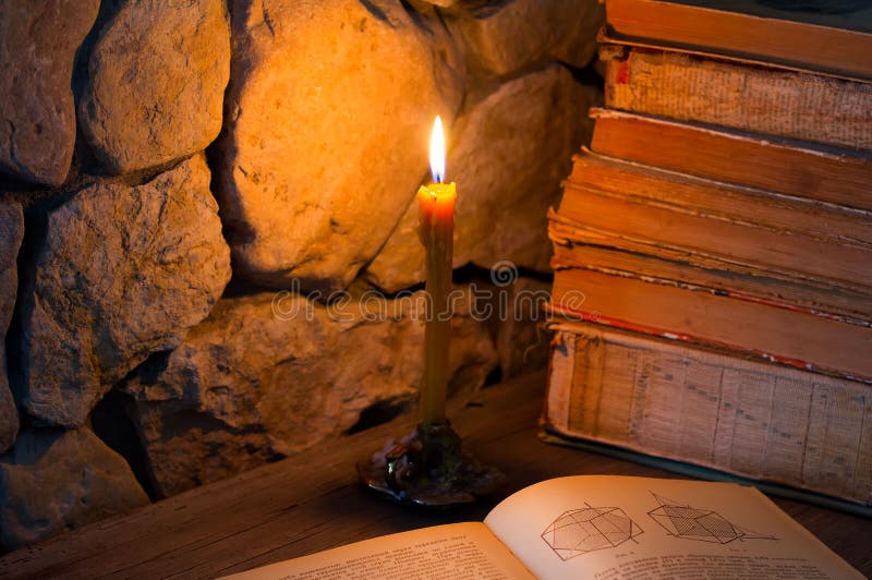 Burning Candle and Old Books Stock Photo Image of manuals, candle