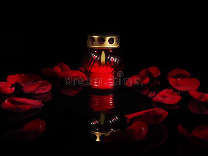 Burning Candle in a Red Glass Candlestick Stock Image Image of