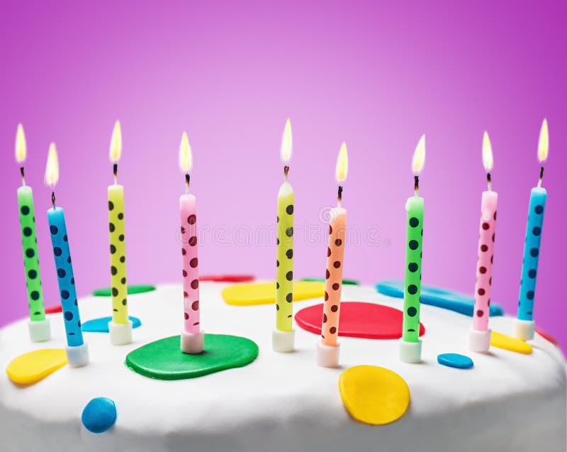 Burning Candles on a Birthday Cake on a White Stock Image Image of