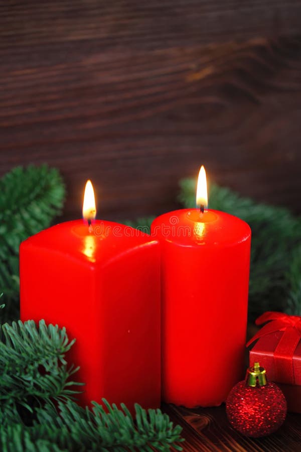 Burning Candles with Christmas Decorations Stock Image Image of