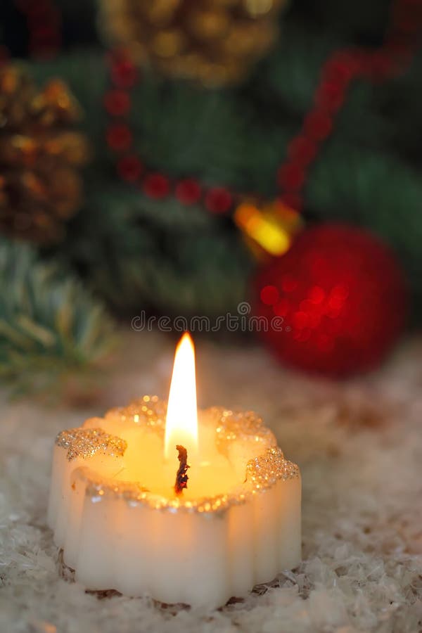 Burning Candles with Christmas Decorations Stock Image Image of