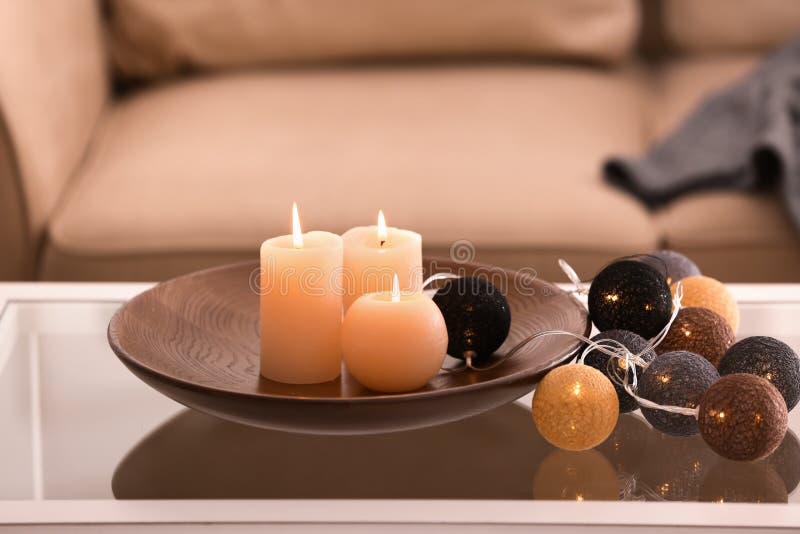 Burning Candles on Glass Table Indoors Stock Photo Image of