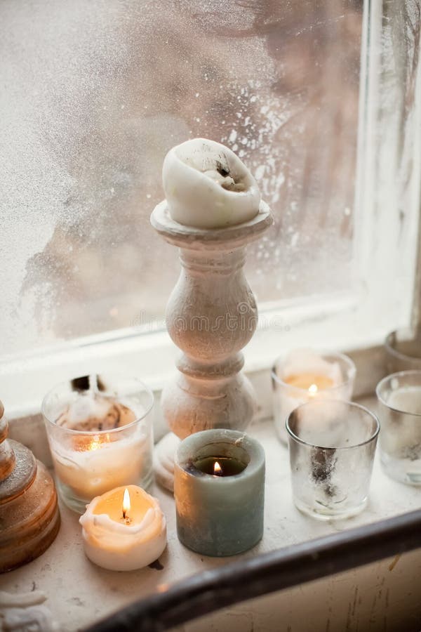 Burning Candles on a Windowsill Stock Photo Image of decoration