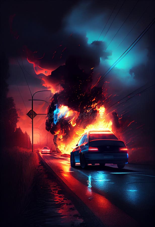 Burning Car on the Highway. AI Generated Stock Illustration