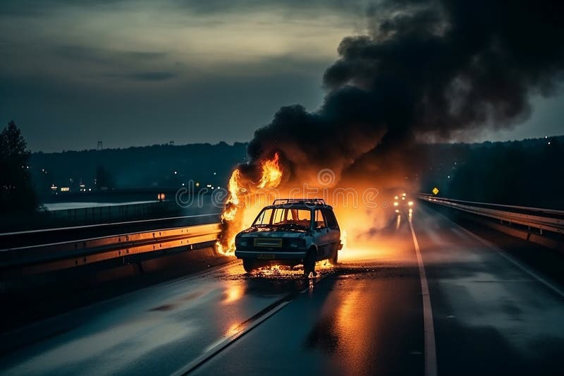 Burning Car on the Highway. Generative AI Stock Illustration