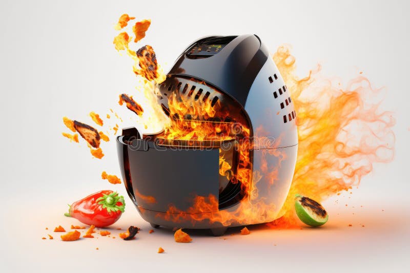 Burning Countertop Air Fryer on a White Background. Generative AI Stock