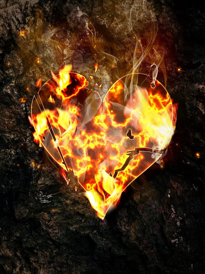 Burning heart on the rock background. Logo comparison illustrations