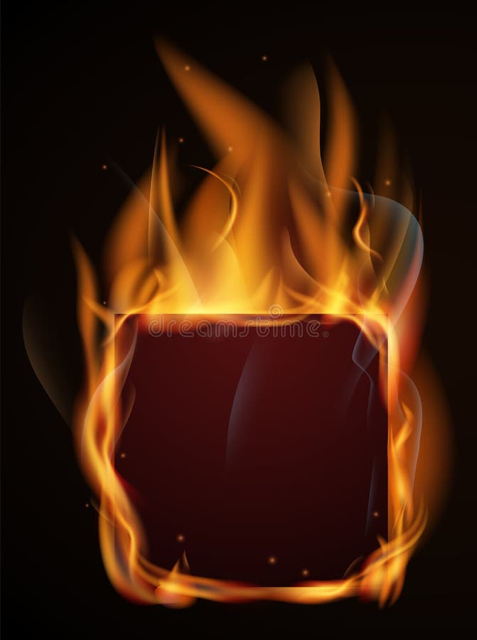 Burning empty square. Realistic fire frame mockup vector illustration