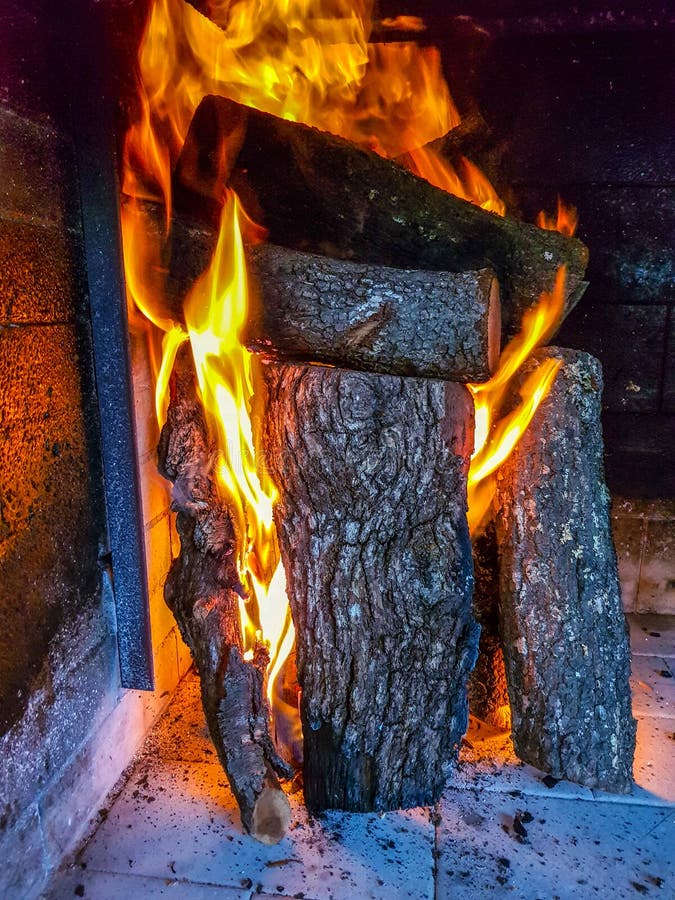Burning Firewood in the Fireplace Closeup, Glowing Logs, Fire and Flames Stock Photo Image of