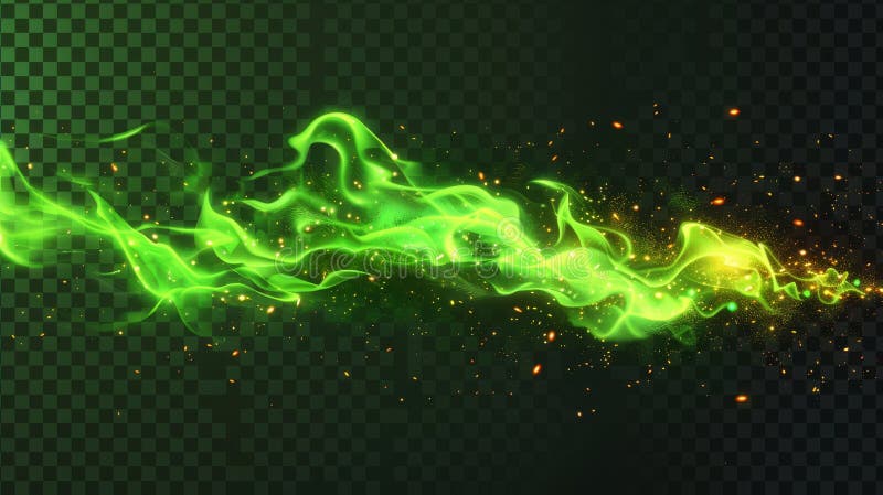 Burning flames with flying particles overlay effect on transparent background. Abstract burning campfire, magic glow stock photo