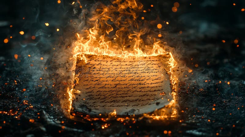 Burning handwritten letter in flames with floating embers stock images