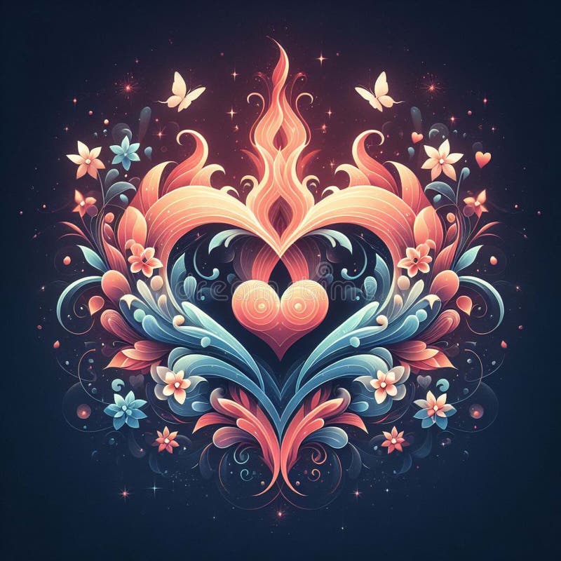 Burning heart. Twin flame logo. Esoteric concept of spiritual love. Illustration on black background for web sites