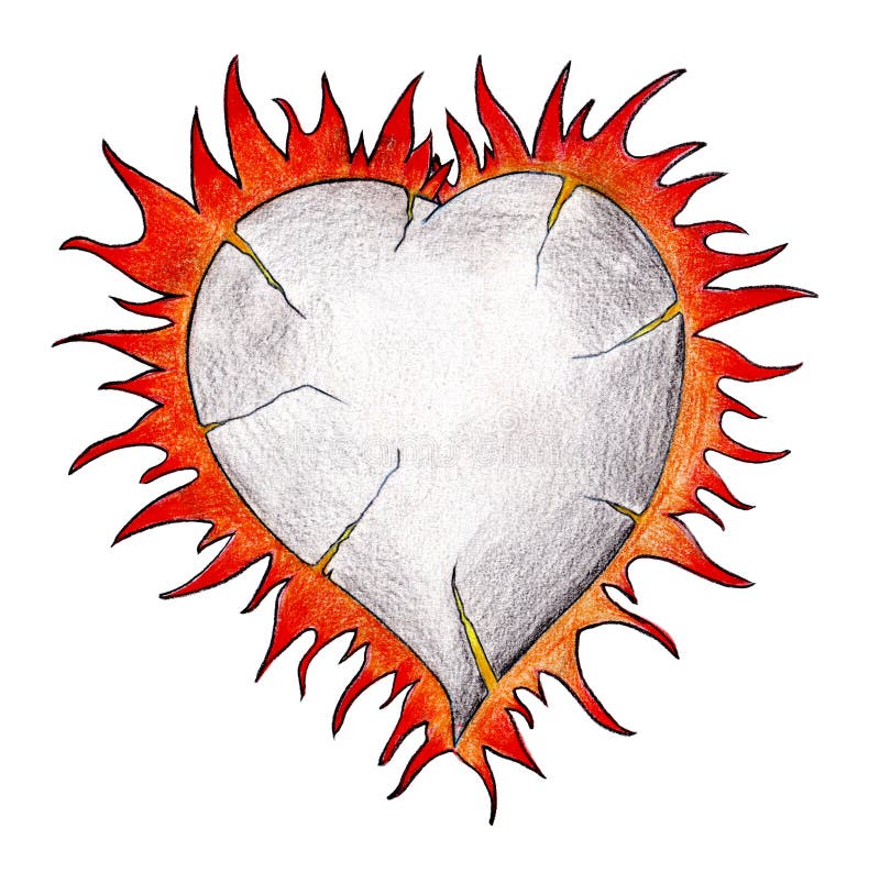 Burning heart on white.Real drawing.