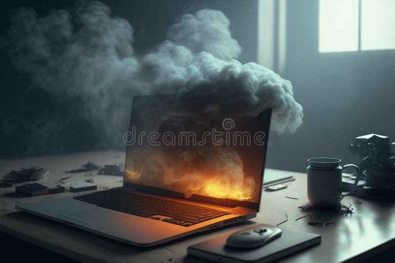 Burning Laptop on a Table with Smoke. Generative AI Illustration. Stock