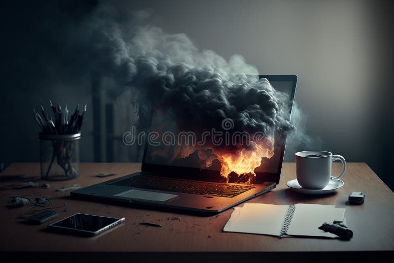 Burning Laptop on a Table with Smoke. Generative AI Illustration. Stock