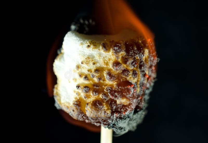 Burning Marshmallow On A Black Background. Stock Image Image of food