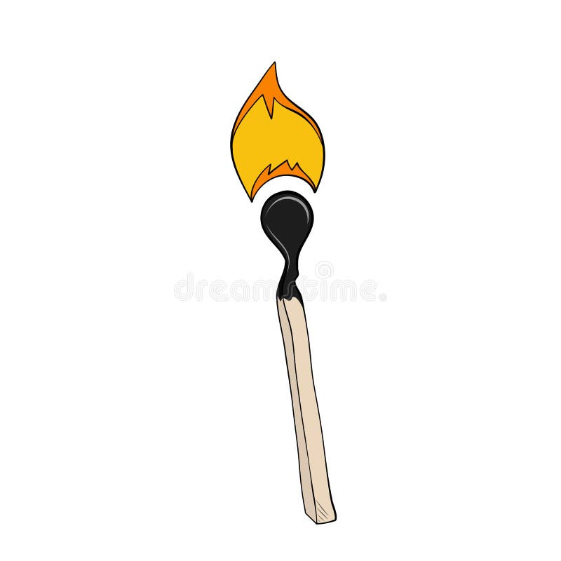 Burning match hand drawn in cartoon style stock illustration