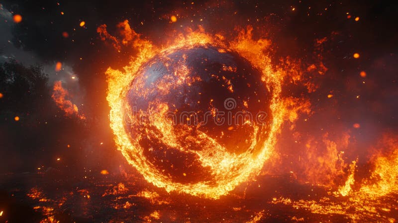 Burning planet in crossfire with fiery landscape and dark clouds stock photos
