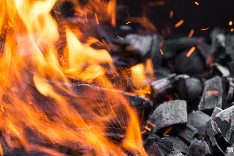 Burning Process, Open Fire, Flame, Hot Coals, Glowing Sparks Stock