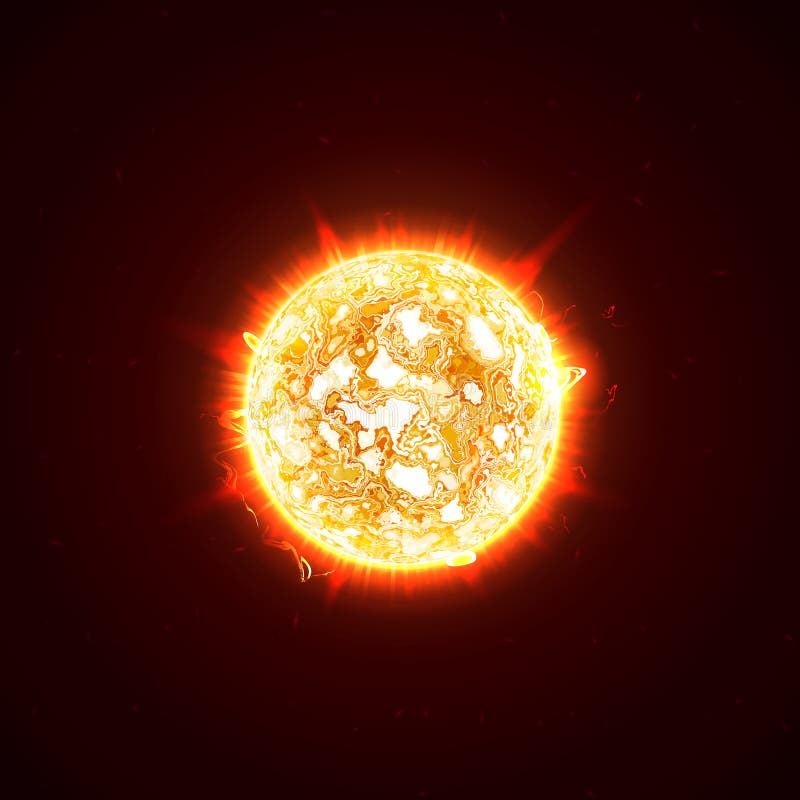 Burning realistic 3D sun, flashes, glare, flare, sparks, flames, heat and fire rays. Orange, hot, cosmic red planet on a