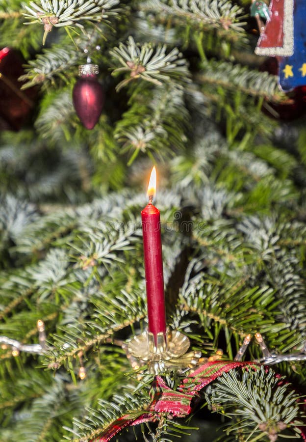 Burning Red Candle at the Christmas Tree Stock Image Image of fire