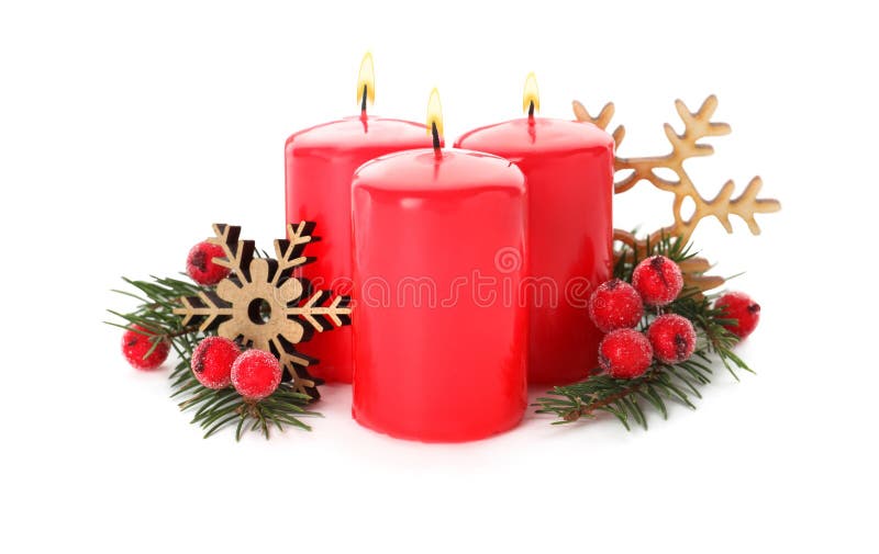 Burning Red Candles with Christmas Decor Isolated on White Stock Photo