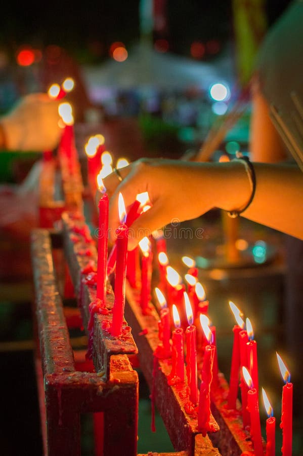 Burning Red Chinese Candle in Temple Stock Image Image of light