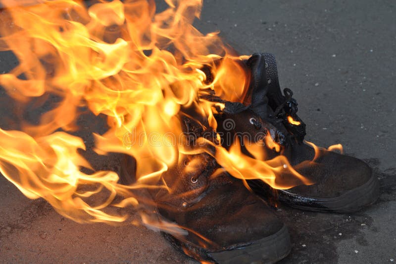 Burning Shoes Closeup. Burning Work Shoes Shoes Stock Image Image of