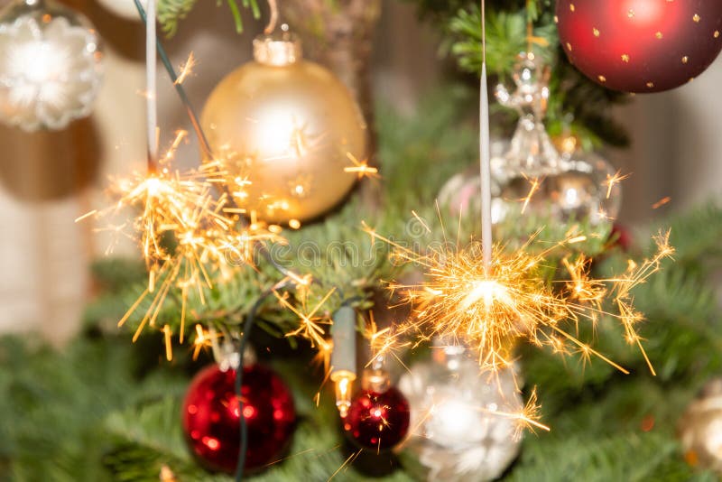 Burning Sparkle Lights on a Christmas Tree Stock Image Image of