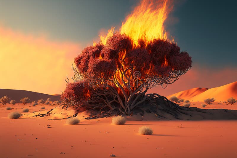 Burning thornbush in the desert. Generative AI