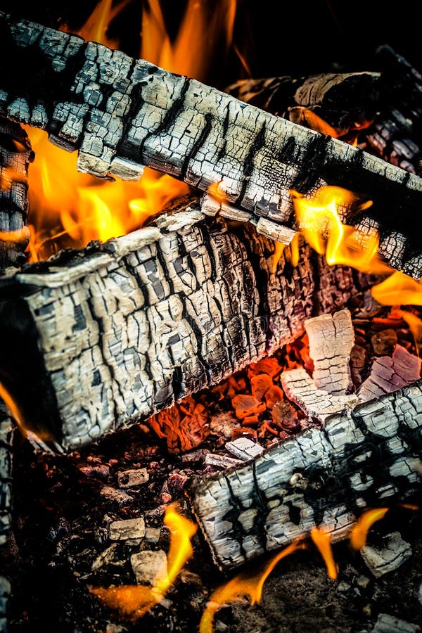 Burning Wood Logs, Cooking on Fire, Warm Evening, Sparkles in Th Stock