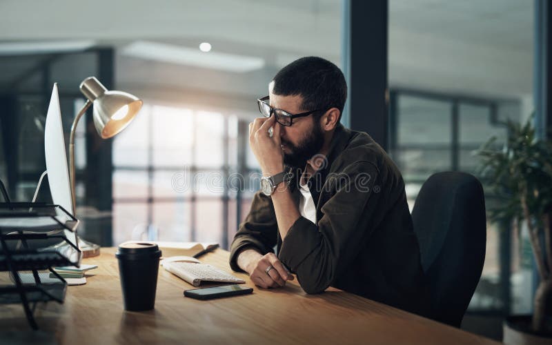 Burnout, computer and web design with man in office for website coding or programming deadline with eye strain. Night stock photo