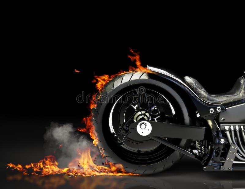 Custom black motorcycle burnout on a black background. Custom black motorcycle burnout on a black background