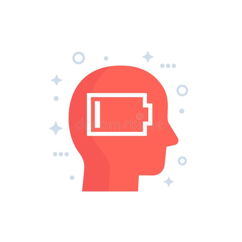 Burnout, tired icon with head and low battery vector illustration