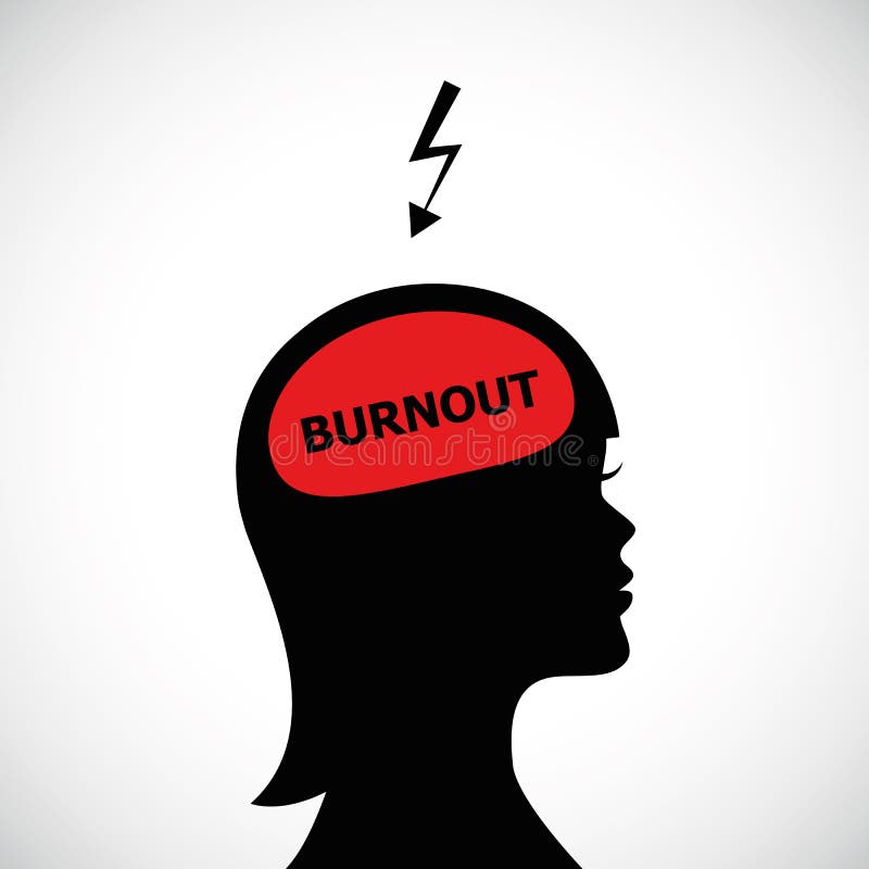 Burnout in womans head silhouette concept of stress, headache, depression stock illustration Burnout in womans head silhouette concept of stress, headache, depression stock illustration