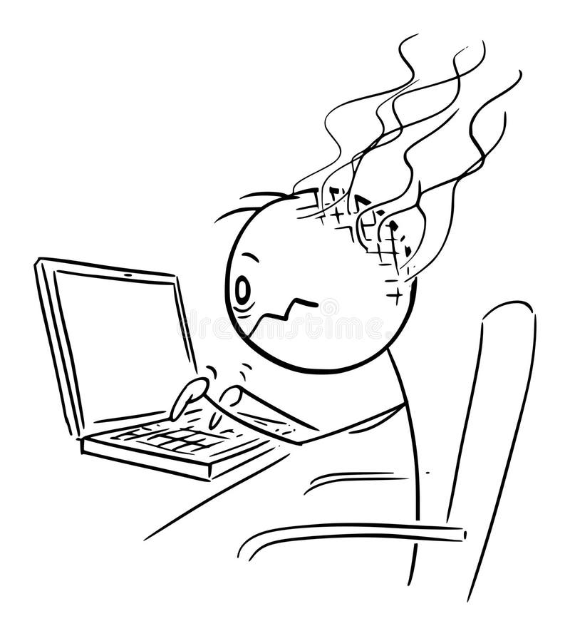 Tired Person Working on Computer, Vector Cartoon Stick Figure Illustration vector illustration