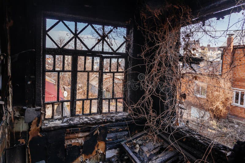 Burnt Wooden House Interior. Consequences of Fire Stock Image Image