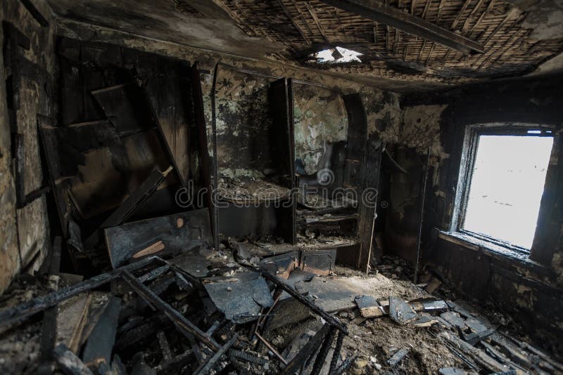 Burnt Wooden House Interior. Consequences of Fire Stock Image Image