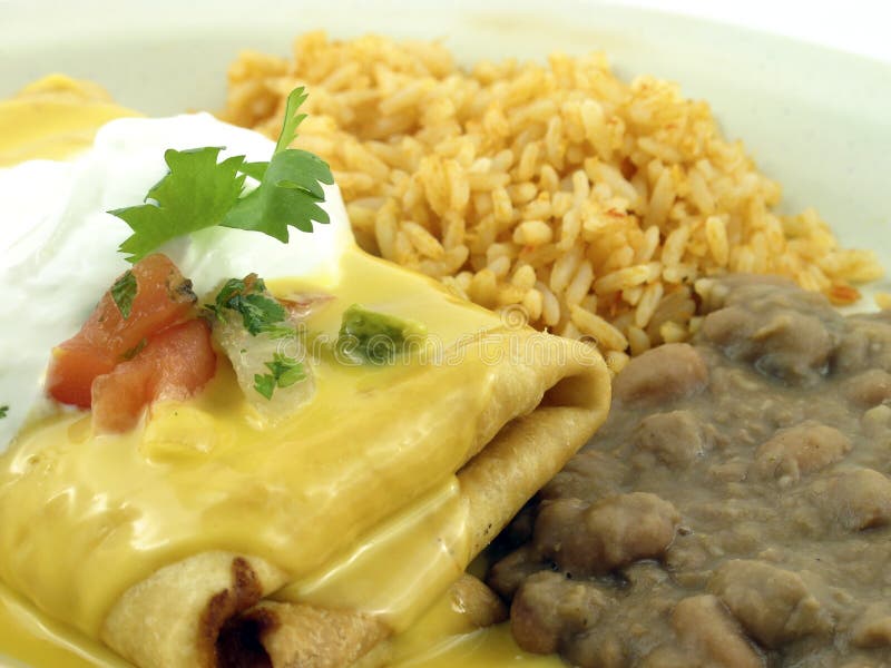 Burrito with rice and beans garnished with sour cream and cilantro. Burrito with rice and beans garnished with sour cream and cilantro