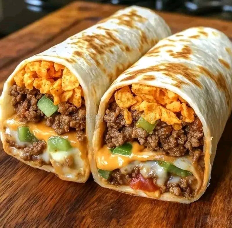 Burrito di manzo delizioso con formaggio e patatine fotografia stock