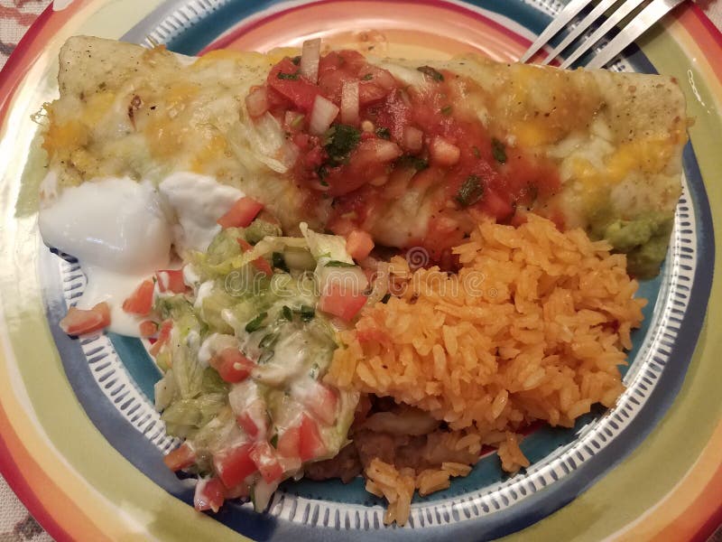 Burrito with Salsa and Rice and Beans Stock Photo Image of cream