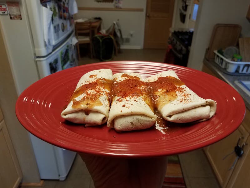 Burritos on Red Plate with Spicy Salsa and Chili Powder Stock Image