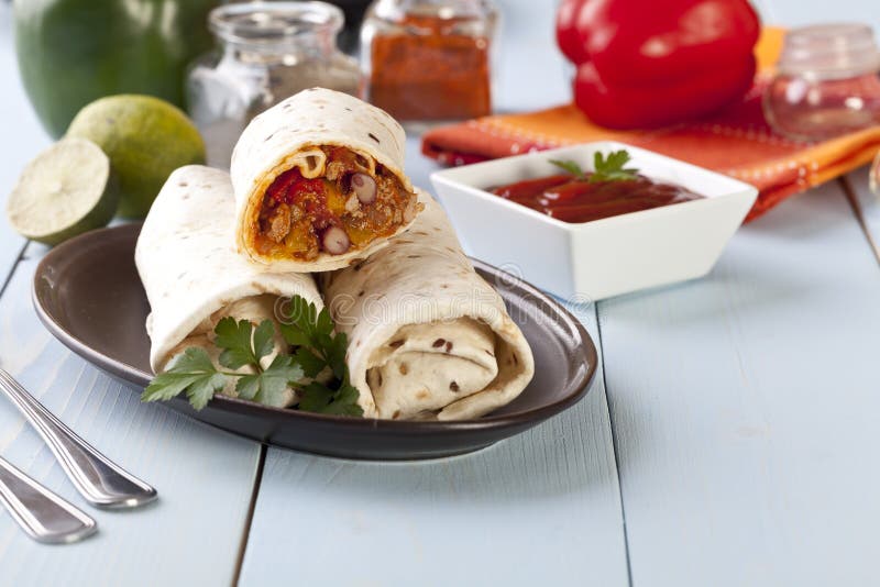 Burritos Wraps With Meat Beans And Vegetables Stock Image - Image Of ...