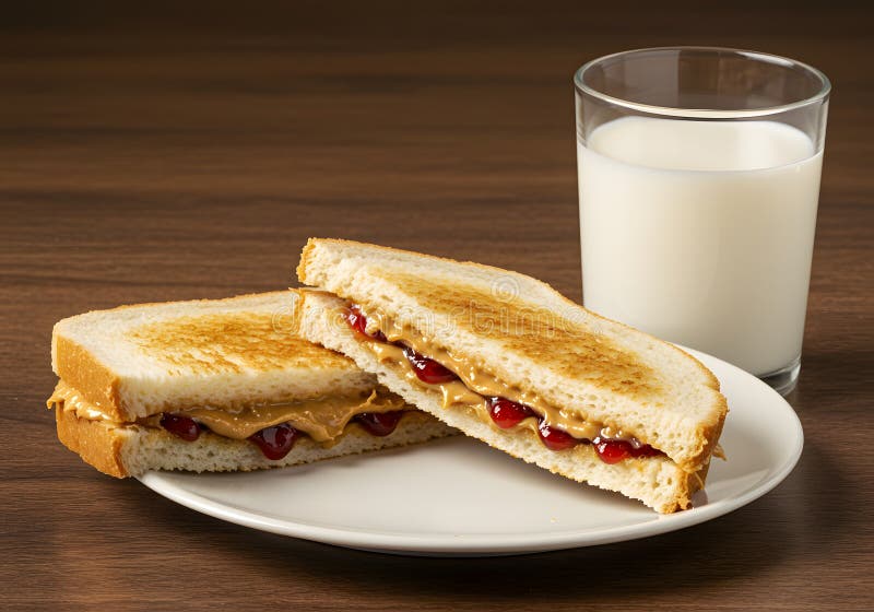 Burro di arachidi grigliato e Sandwich di gelatina con latte a pasto classico per bambini illustrazione di stock