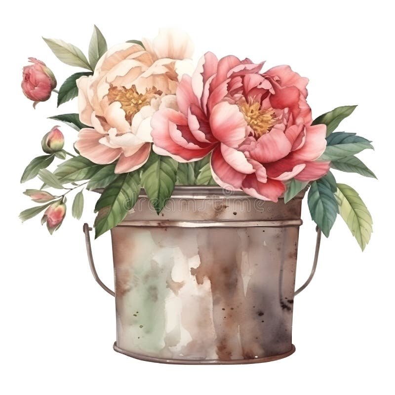 A Burst of Color: Peonies in a rusty Pot Watercolor Stock Photo AI Generated
