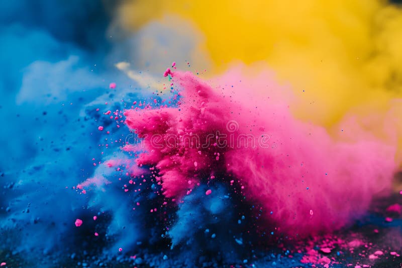 Explozia vibrantă a vopselelor colorate de holi pudră umple aerul, adăugând bucuria festivităților. O rafală de vopsea colorată cu înveliș care umple scena creând o atmosferă vibrantă și plină de viață