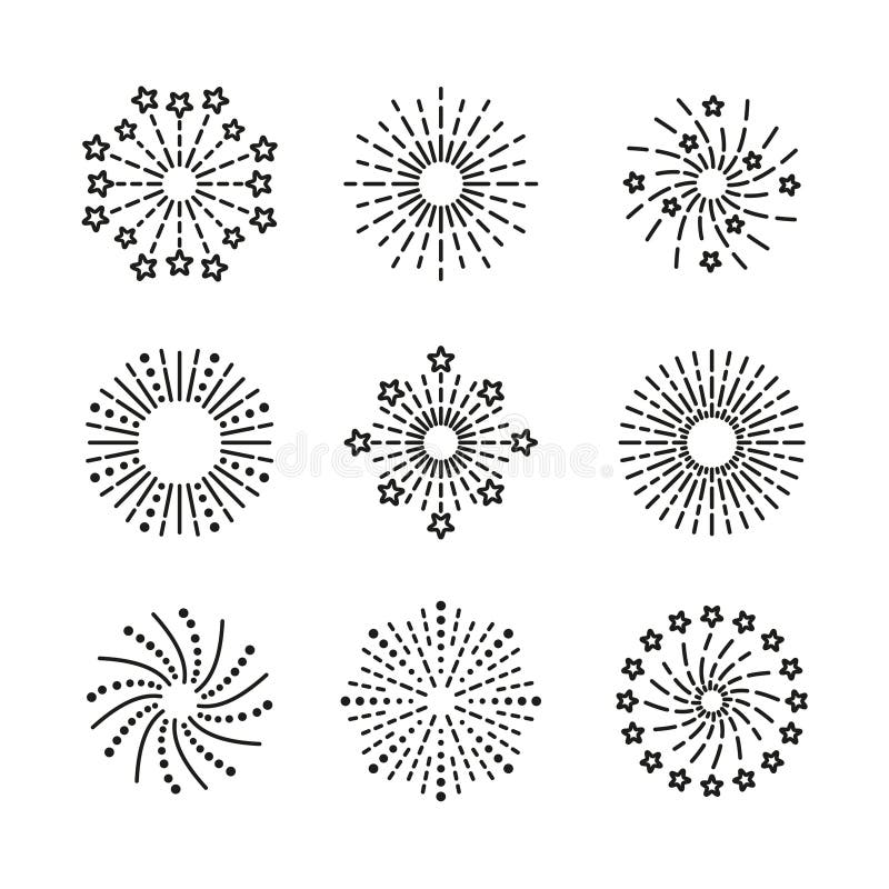 Burst stars, sparks and salute. Firework icon set. Outline birthday party elements isolated on white background stock illustration