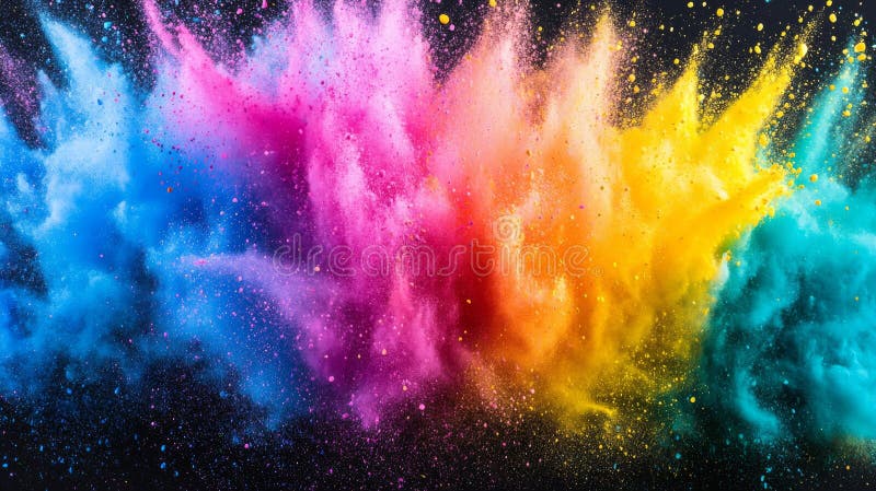 A burst of vibrant paint on a dark canvas, an explosion of colorful powder, an abstract array of colored dust erupting royalty free stock photo